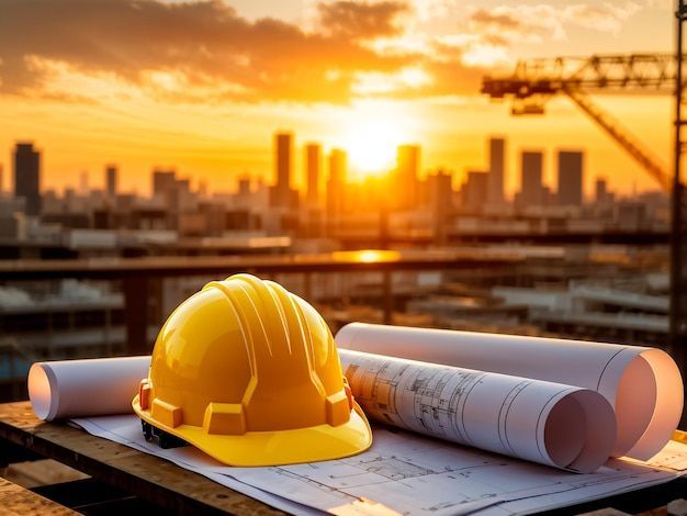 A construction project site with a worker's hard hat in the foreground